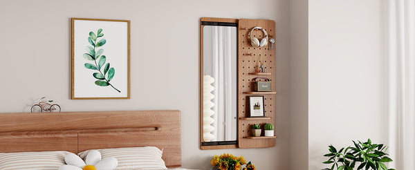 English Elm 47.6 Inch Rubberwood Wall Mirror with Sliding Panel Storage for Bedroom or Entryway W2987P438124
