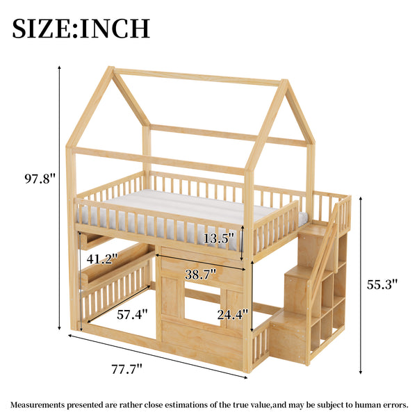 English Elm Full Size Solid Wood House Bed with Led Shelf Lighting for Kids Bedroom Natural N7500005026N