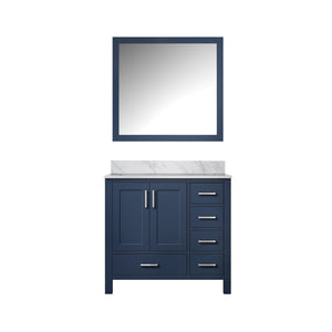 English Elm Navy Blue Bath Vanity With Left-Offset Carrara Marble Top & 34" Mirror - Stylish Storage Solution! B2731S00691