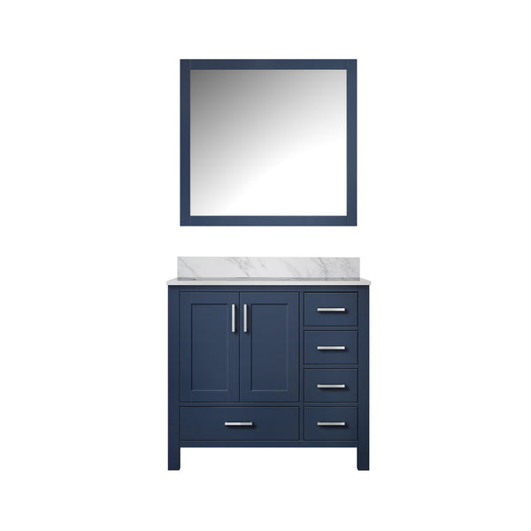 English Elm Navy Blue Bath Vanity With Left-Offset Carrara Marble Top & 34" Mirror - Stylish Storage Solution! B2731S00691