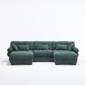 English Elm U Shaped Modular Cloud Sectional Deep Seat Flannelette Sofa with Rounded Bolster Armrests Green W2120S00039