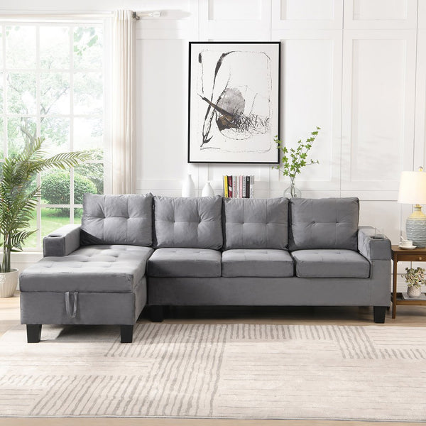 English Elm Sectional PU Sofa Set with L-Chaise, Built-In Cup Holders, Thick Foam Cushions, Modern 4-Seater Comfort Grey 69.29 L x 33.46 W x 13.78 H W2297S00011