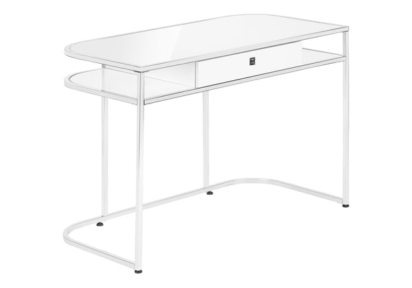 English Elm Computer Desk with Drawer & Shelves, 48" White Laminate, Chrome Legs, Glossy Modern Office Workstation B2710P219809