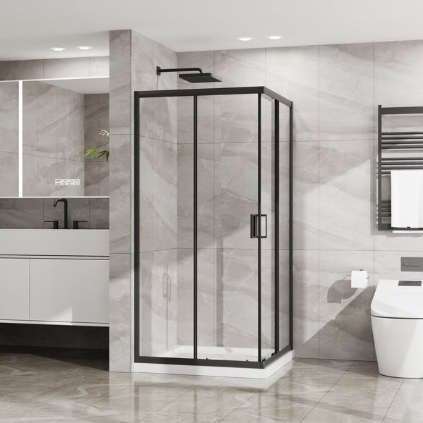 English Elm Goodyo Corner Sliding Shower Enclosure Matte Black Aluminum Clear Tempered Glass D163121902