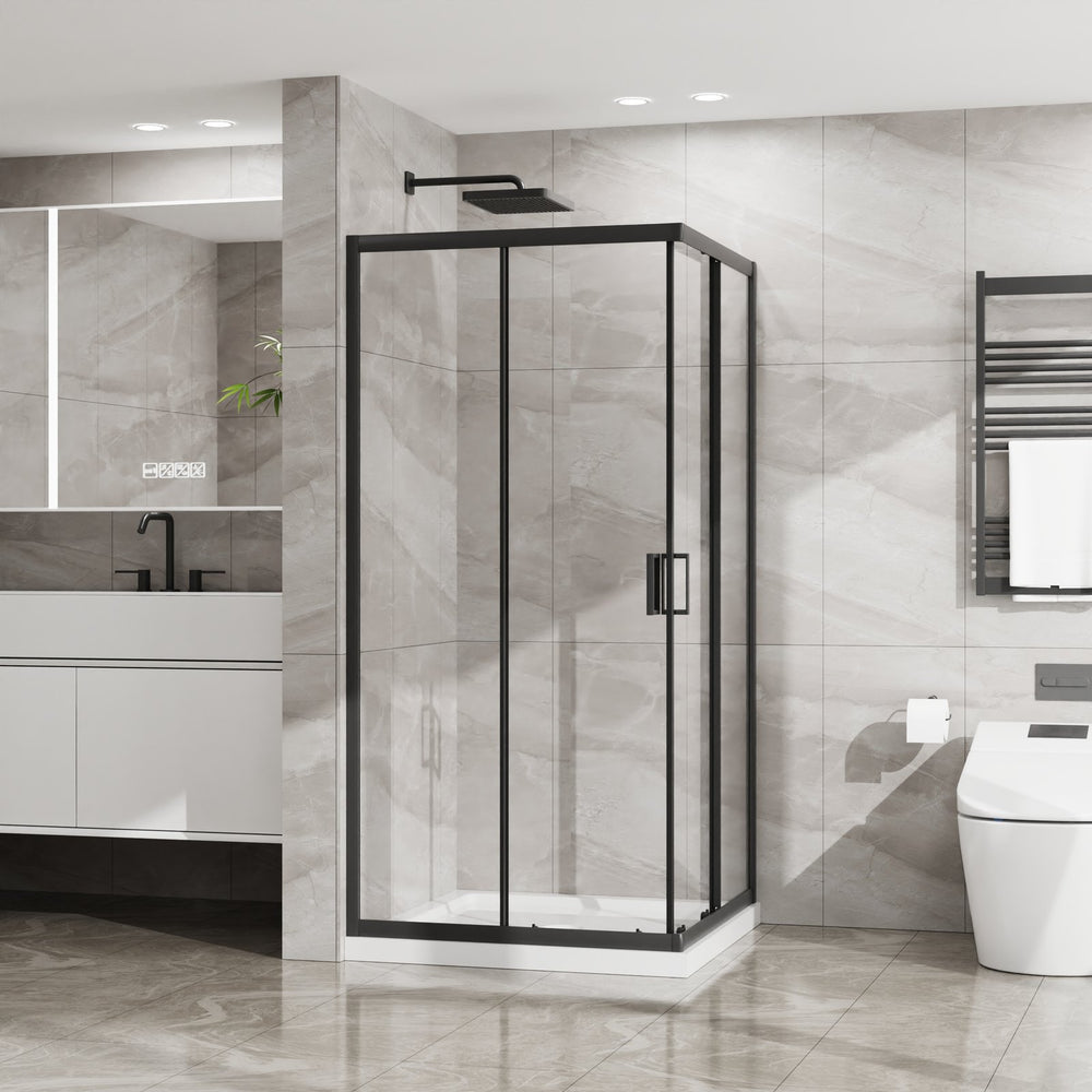 English Elm Goodyo Corner Shower Stall Tempered Glass Sliding Door Matte Black Aluminum Frame W1223S00040