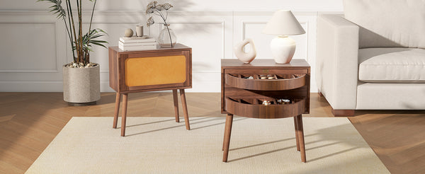 English Elm Rotating Rattan Nightstand Push Open Hidden Storage Mid Century Wood Leg Bedside Walnut N761P288451N