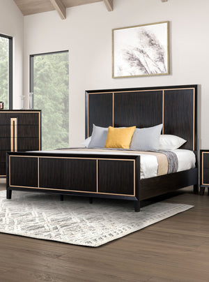 English Elm Bedroom Wooden Queen Bed with High Panel Headboard, Gold Trim Accent, Modern Luxury Design Espresso 25 L x 70 W x 5 H B2741S00072