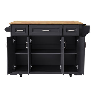 English Elm K&K 54" Farmhouse Kitchen Island with Embossed Texture, Drop Leaf, Soft-Close Drawers & Wheels Black N707P195395B