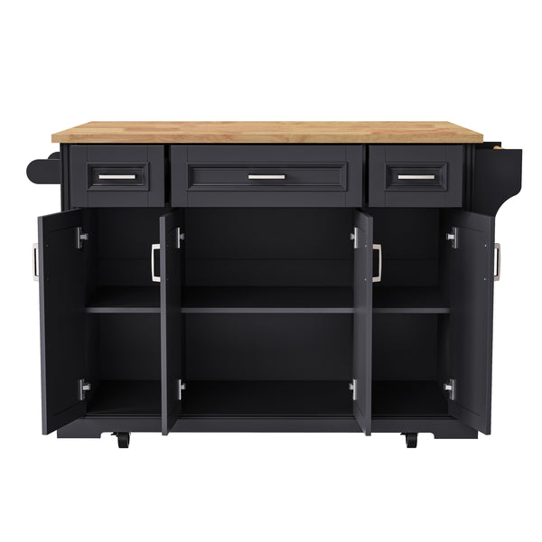 English Elm K&K 54" Farmhouse Kitchen Island with Embossed Texture, Drop Leaf, Soft-Close Drawers & Wheels Black N707P195395B