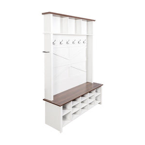 English Elm Farmhouse Hall Tree Entryway Organizer with Bench 16 Compartments and 6 Coat Hooks N721S000064K