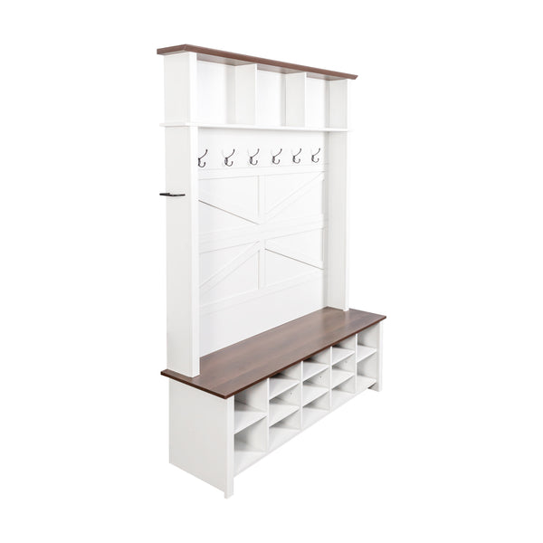 English Elm Farmhouse Hall Tree Entryway Organizer with Bench 16 Compartments and 6 Coat Hooks N721S000064K-1