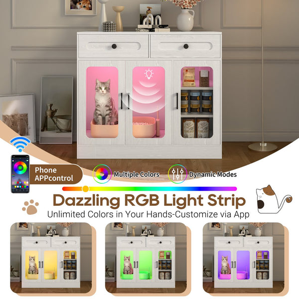 English Elm Cat Litter Box Cabinet with Glass Doors Led Light Drawers and Wood Grain Finish White N704P395520K