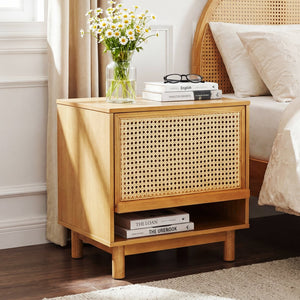 English Elm Wood and Rattan Nightstand with Lift Door Hidden Cabinet for Coastal Bedroom Decor N758P412497N