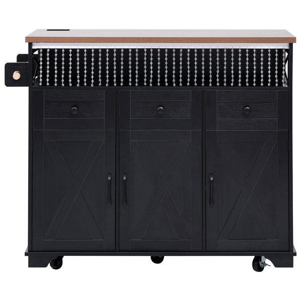 English Elm K&K 46.5'' Farmhouse Kitchen Island Cart with Beaded Drapes, Drop Leaf, Power Hub, Ample Storage Black N707P254872B