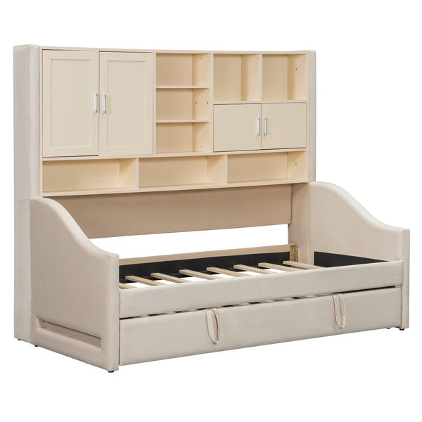 English Elm Twin Upholstered Daybed with LED Armrest Lighting, Hidden Storage Shelves & Lift-Up Pull-Out Trundle Beige SF000198AAA