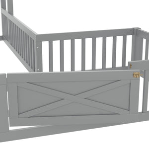 English Elm Twin House Floor Bed with Door and Full-Length Guardrails, Solid Wood Double Twin Floor Bed for Kids' Playful Rooms Grey W1580P354638