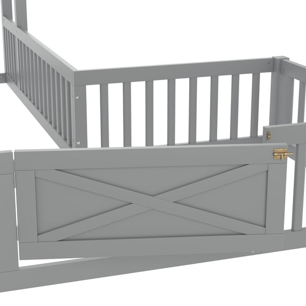 English Elm Twin House Floor Bed with Door and Full-Length Guardrails, Solid Wood Double Twin Floor Bed for Kids' Playful Rooms Grey W1580P354638