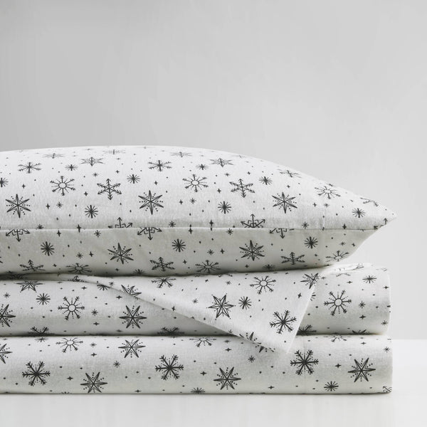 English Elm 4 Pcs Queen Sheet Set - Cozy Black Flannel With Snowflake Design For Warm Winter Nights Comfort B035P319675
