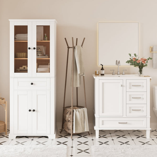 English Elm 67.57" Tall Matte Cabinet Vanity Combo with Glass Doors Soft-close Drawers Sink White N729P000033K