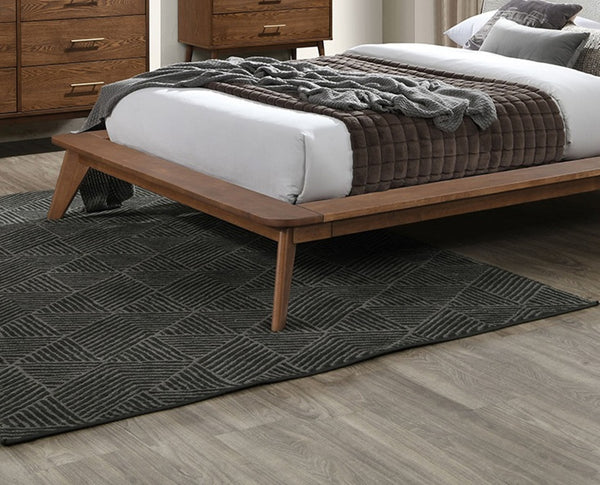 English Elm Walnut Mid-Century Queen Platform Bed with Beige Fabric Winged Headboard, Solid Wood Frame, Tapered Legs Walnut 83 L x 11 W x 8 H B2741S00459