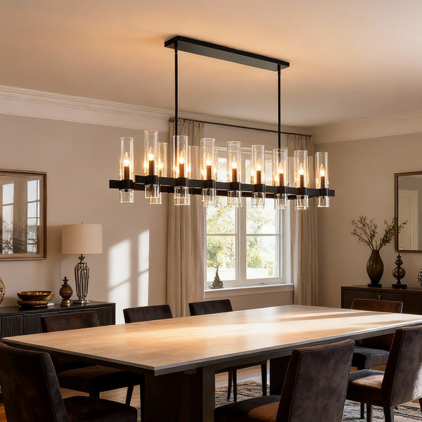 English Elm 63 Inch Matte Black Linear Chandelier 16 Seeded Glass Shades Modern Farmhouse Dining W5008P392739