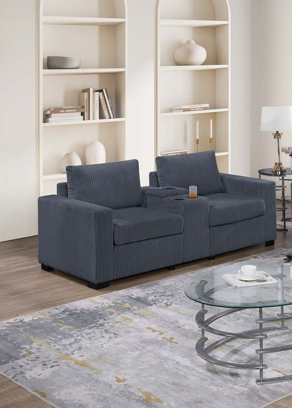 English Elm Elegant Wide-Welt Corduroy 2-Piece Sofa Set with Console Charging Station, Cup Holders, Loveseat Dark Gray 39 L x 26 W x 53 H B011S01742