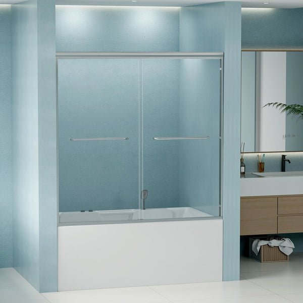English Elm 56" Frameless Sliding Shower Door Tempered Glass Soft Close Matte Hardware Alcove Fit Brushed Nickel W1920P385336