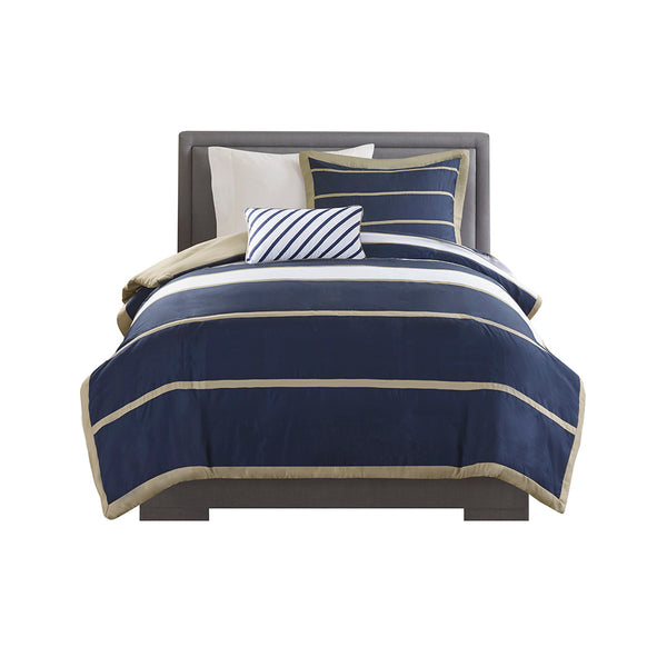JLA Home Mi Zone - Duvet Striped Navy Khaki White Set with Antimicrobial Protection, Breathable Soft Fabric, Modern Appeal 90 L x 68 W x 0.13H MZ12-268