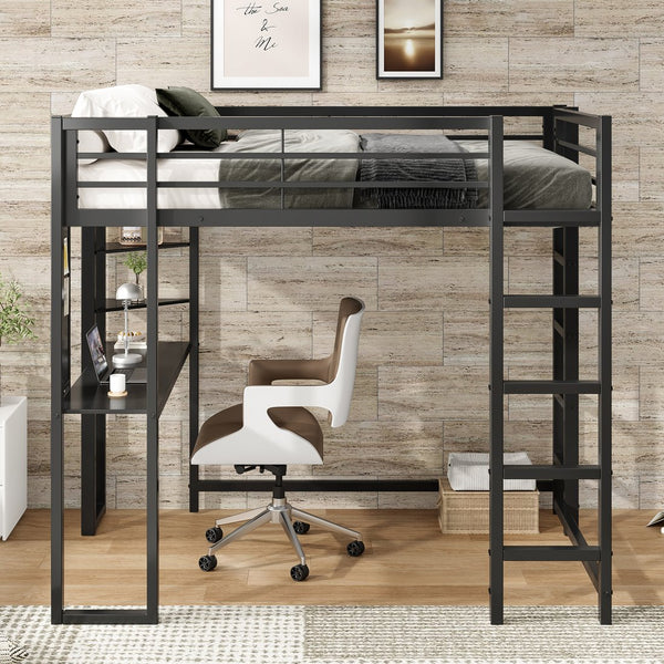 English Elm Loft Bed With Desk And Storage, Full Size Metal Frame For Teens, Stylish Space-Saving Design W2904S00003