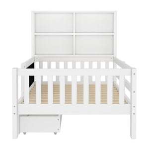 English Elm Twin Chalkboard Platform Bed with Drawers & Shelves, Solid Wood Kids Bed with Storage and Creative Headboard White W1580P362704