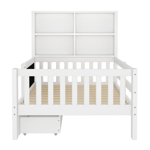 English Elm Twin Chalkboard Platform Bed with Drawers & Shelves, Solid Wood Kids Bed with Storage and Creative Headboard White W1580P362704