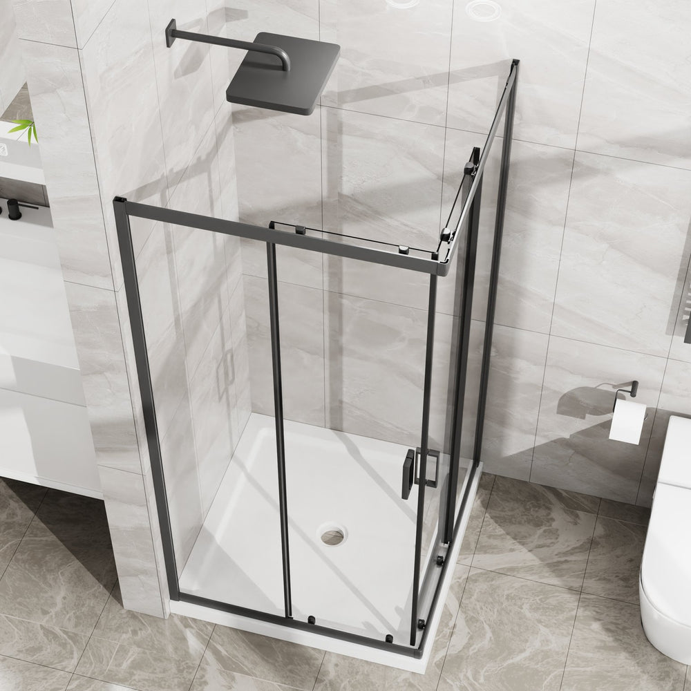 English Elm Goodyo Corner Shower Stall Tempered Glass Sliding Door Matte Black Aluminum Frame W1223S00040