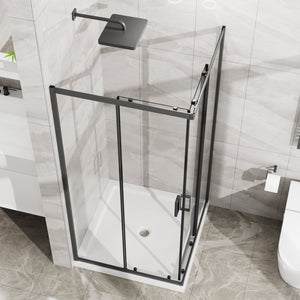 English Elm Goodyo Corner Sliding Shower Enclosure Matte Black Aluminum Clear Tempered Glass D163121902