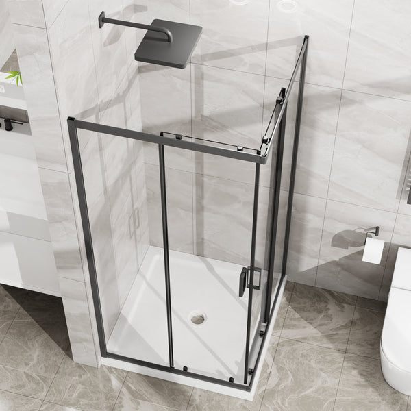 English Elm Goodyo Corner Sliding Shower Enclosure Matte Black Aluminum Clear Tempered Glass D163121902