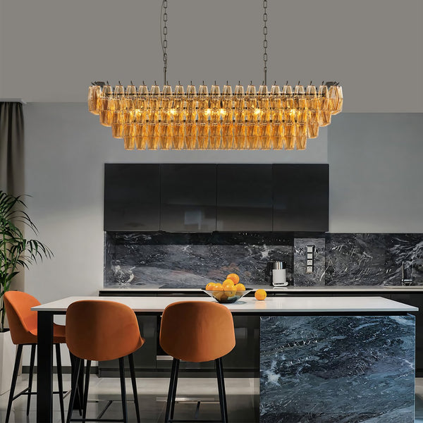 English Elm 54" Modern Black Rectangular Chandelier 12-Light 4-Tier Smoke Glass Farmhouse Pendant for Dining Room Foyer W1340P332564