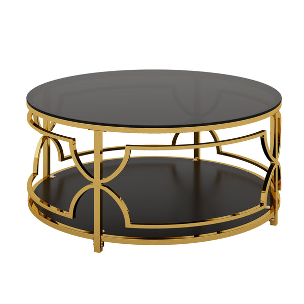 English Elm Round Tempered Glass Coffee Table with Gold Geometric Metal Base and Open Storage Shelf Black N735P396530B