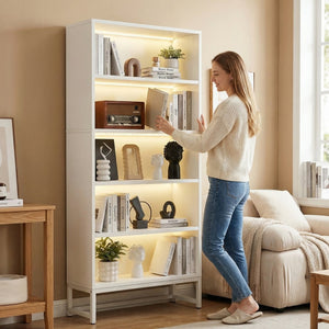 English Elm Tall Five Tier Bookcase with Led Shelf Lighting White Mdf Frame Living Room Display W3204P454083
