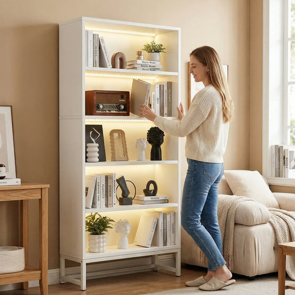 English Elm Tall Five Tier Bookcase with Led Shelf Lighting White Mdf Frame Living Room Display W3204P454083