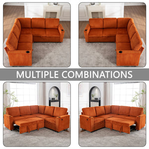 English Elm Sectional Corduroy Sleeper Sofa with Storage and Charging Ports for Small Spaces Orange W1361S00076