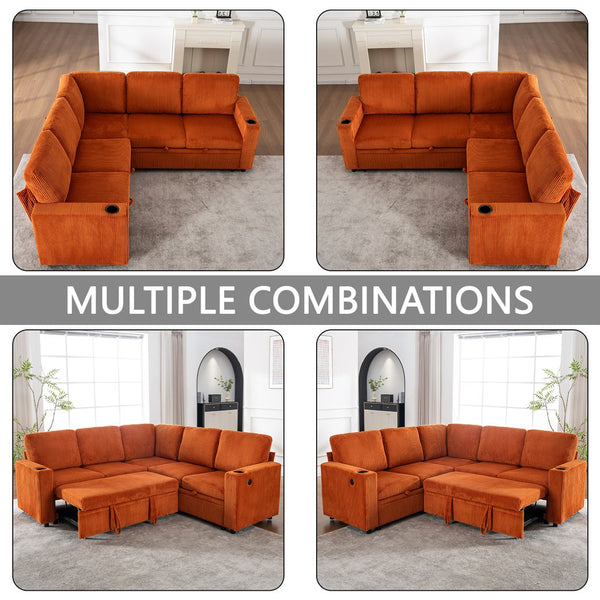 English Elm Sectional Corduroy Sleeper Sofa with Storage and Charging Ports for Small Spaces Orange W1361S00076