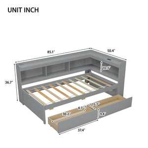 English Elm Twin Size L-Shaped Bookcase Bed With Usb Charging, Drawers, And Stylish Grey Finish For Modern Rooms W504S00218-GIGA