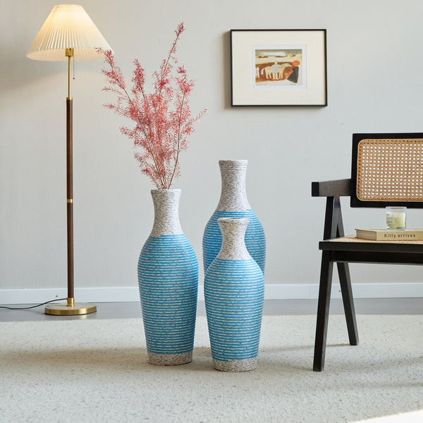 English Elm Desktop PVC Vase Set of 3 Decorative Tall Floor and Table Vases—Modern Durable Artful Accents for Home White+Blue W2796P261477