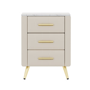 English Elm Upholstered Velvet Nightstand with Faux Marble Top Three Drawers and Slim Metal Legs Beige N733P208520A