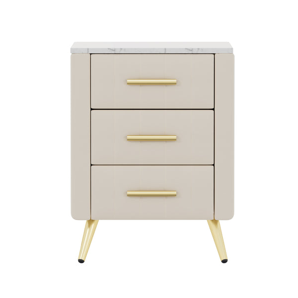 English Elm Upholstered Velvet Nightstand with Faux Marble Top Three Drawers and Slim Metal Legs Beige N733P208520A