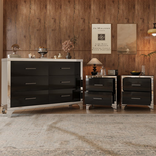 English Elm 3-Pieces Modern Dresser and Two Nightstands with Mirrored Trim, Metal Handles, Spacious Storage Black 55.71 L x 19.29 W x 10.63 H N733S205355B