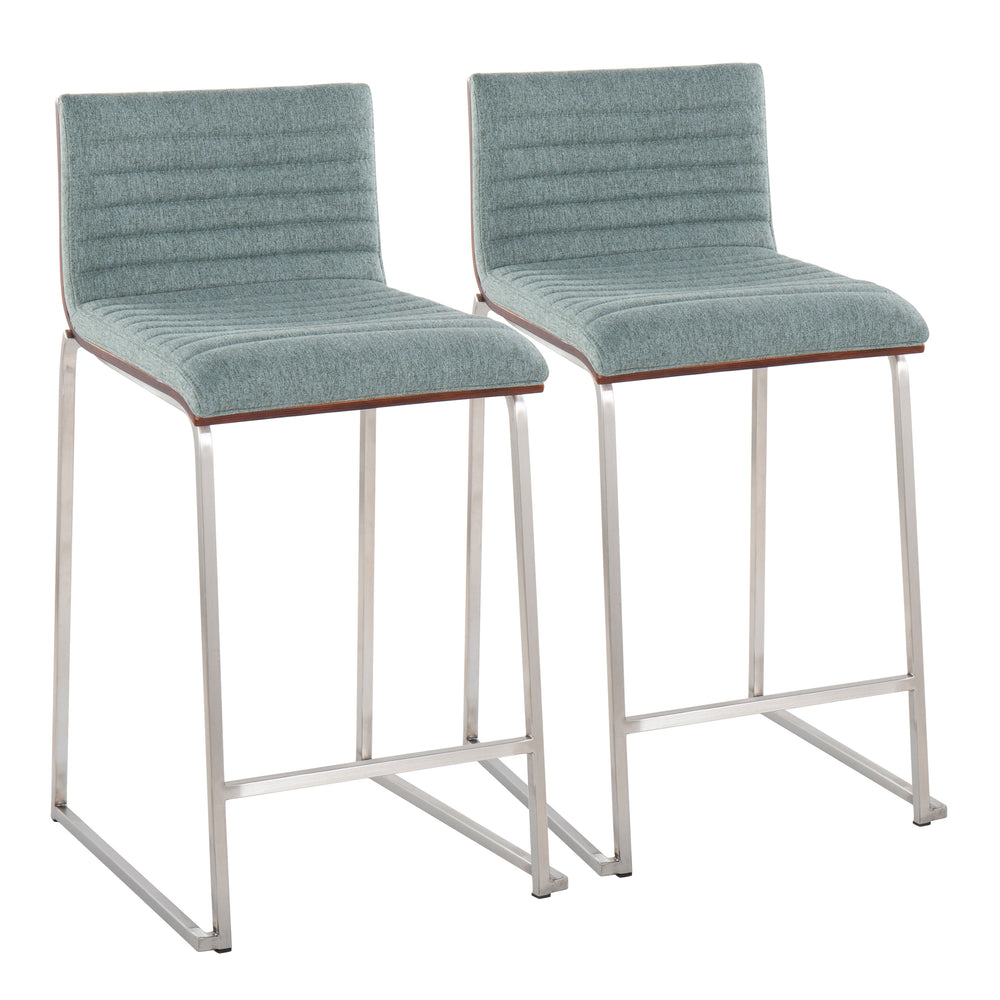 English Elm Mason Mara 26" Stylish Counter Stool Set Of 2 - Walnut Wood, Green Fabric & Stainless Steel Base B202P222074