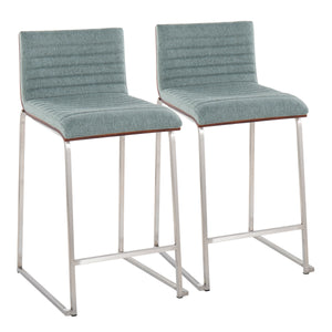 English Elm Mason Mara 26" Stylish Counter Stool Set Of 2 - Walnut Wood, Green Fabric & Stainless Steel Base B202P222074