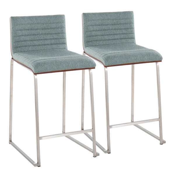 English Elm Mason Mara 26" Stylish Counter Stool Set Of 2 - Walnut Wood, Green Fabric & Stainless Steel Base B202P222074