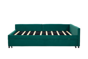 English Elm Upholstered Velvet Daybed with Pull Out Trundle Diamond Tufted Guest Bedroom Sofa Emerald W1361S00065