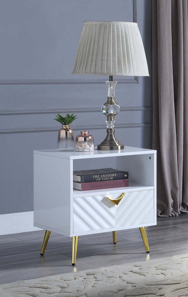 English Elm End Table Glossy White with Storage Drawer & Metal Legs, Modern Rectangle Shelf for Living Room Elegance B016P323426